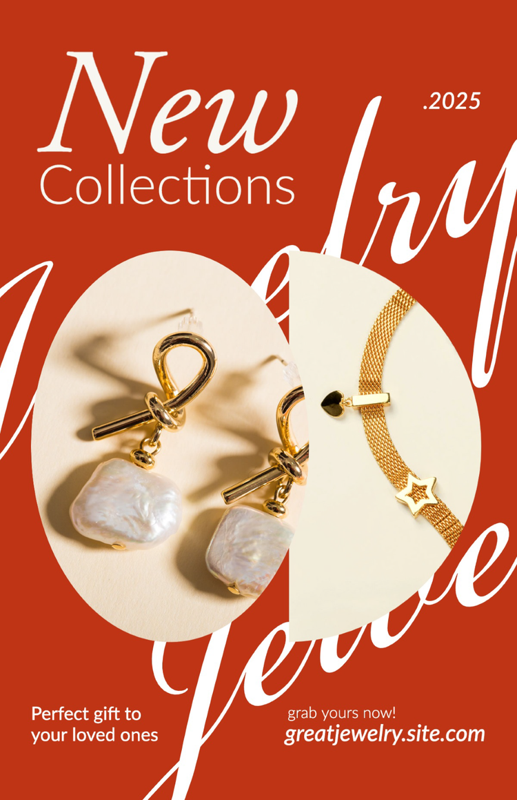 "New Collections – Jewelry" handmade jewelry poster with images of gold earrings and a necklace against a red background
