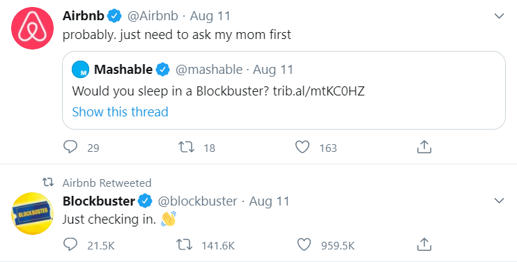 Airbnb and Blockbuster interacting on Twitter