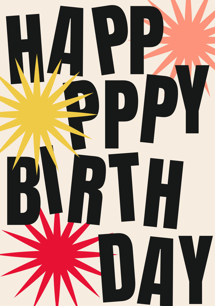 "Happpppy birthday" card with colorful bursts around the text