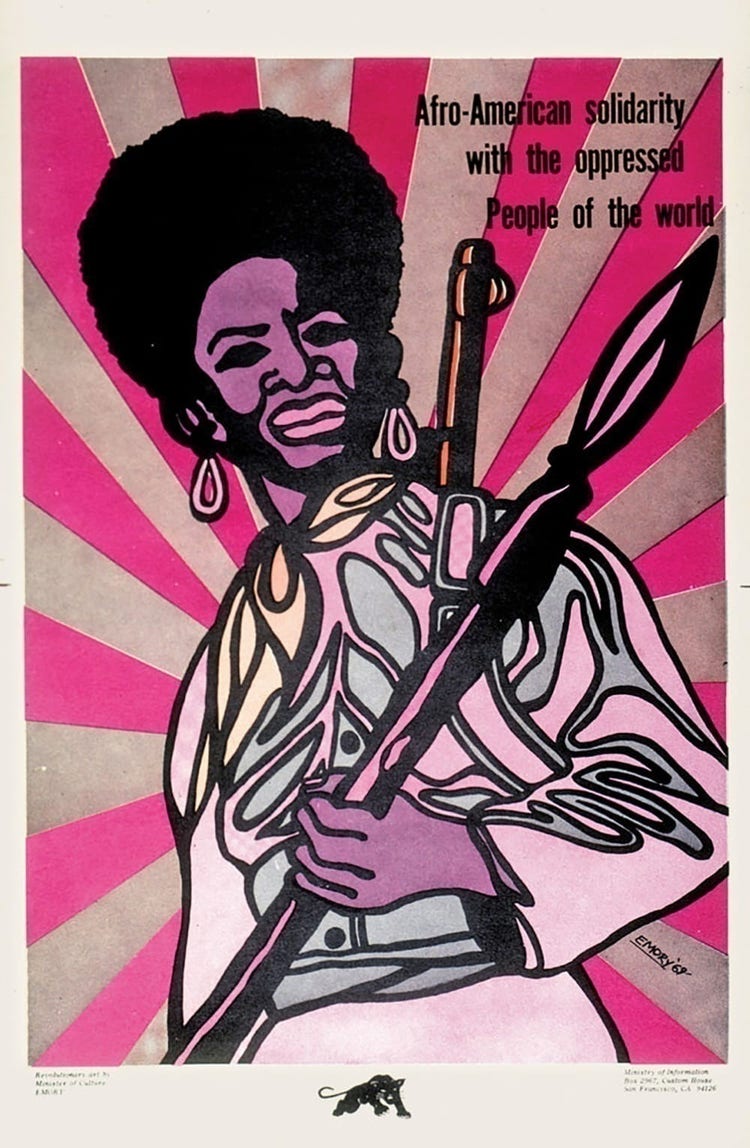 An illustrated newsprint cover in black and various pink hues featuring a Black woman with a militant representation holding weaponrys. Text in the uppper right reads, "Afro American solidarity with the oppressed People of the world."