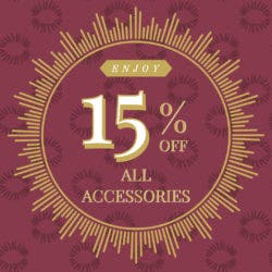 Dark red image advertising for. a15% off sale for accessories