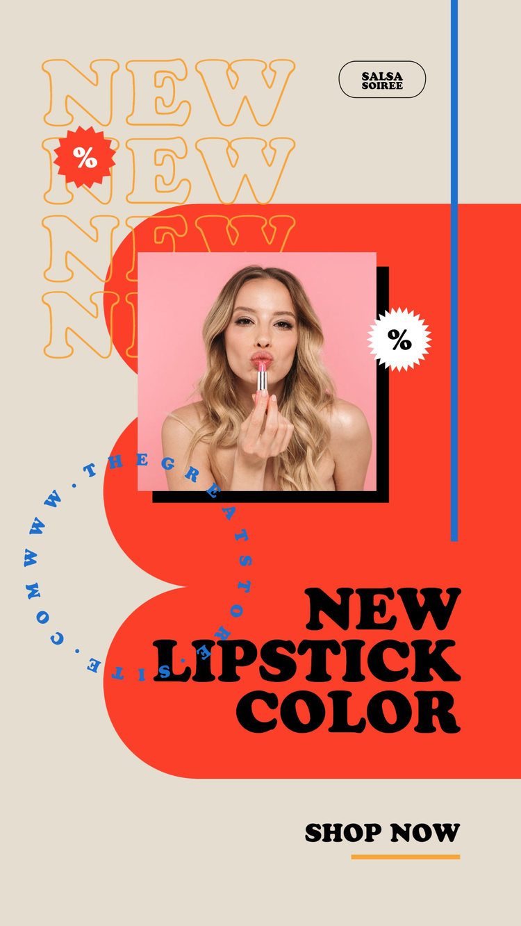 An Instagram Story social media marketing thumbnail promoting a new lipstick color with a person holding up lipstick to their pursed lips