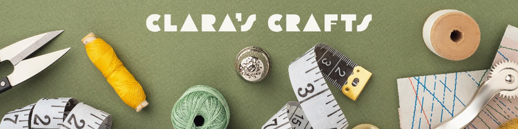 An Etsy banner for Clara's Crafts with a close-up image of various crafting items such as measuring tape, thread, and scissors