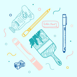 Blue, Pink and Yellow Office Supplies Instagram Post Illustration and Sticker Collection 