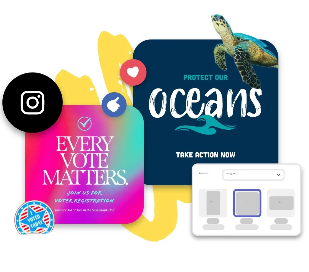 Social posts that pop. Take your social posts beyond basic and level up your likes, from Instagram to TikTok. Express yourself with colorful content that’s easy to make and lets you be you. 