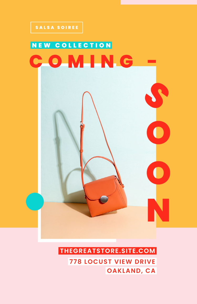 Social media post for an online business teasing that a new collection is coming soon with a picture of a handbag