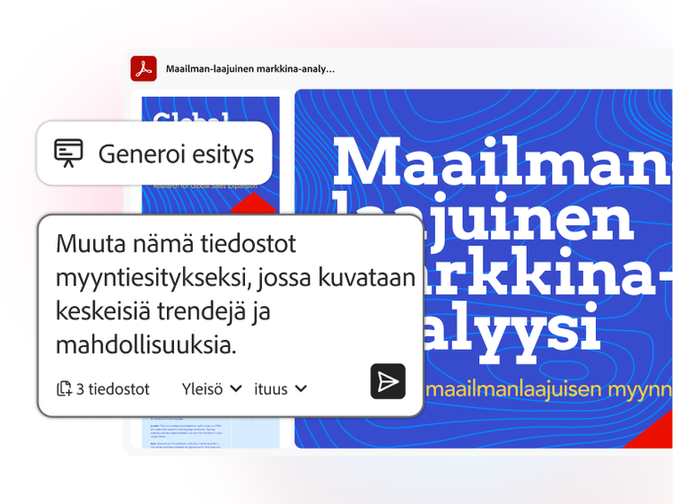 https://main--da-dc--adobecom.aem.page/dc-shared/fragments/modals/videos/acrobat/generative-ai-pdf/generate-a-presentation#generate-presentations | Käyttöliittymä, jossa näkyy esityksen generointi tiedostoista, kolme dokumenttia muunnetaan Global Market Analysis -diaesitykseksi. | :play: