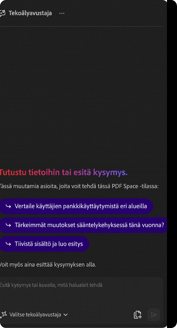 Acrobatin Tekoälyavustaja PDF Space -tilassa näyttää kehote-ehdotuksia ja chat-ruudun, jossa voit esittää kysymyksiä tiedostoistasi.