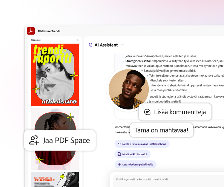 https://main--da-dc--adobecom.aem.page/fi/dc-shared/assets/videos/acrobat/generative-ai-pdf/media_1c50ec0188306c876e627baa2f429936823f73c64.mp4#_autoplay1 | Acrobatin Tekoälyavustajan grafiikka, jossa näkyy työtila ja teksti ”Share PDF Space”