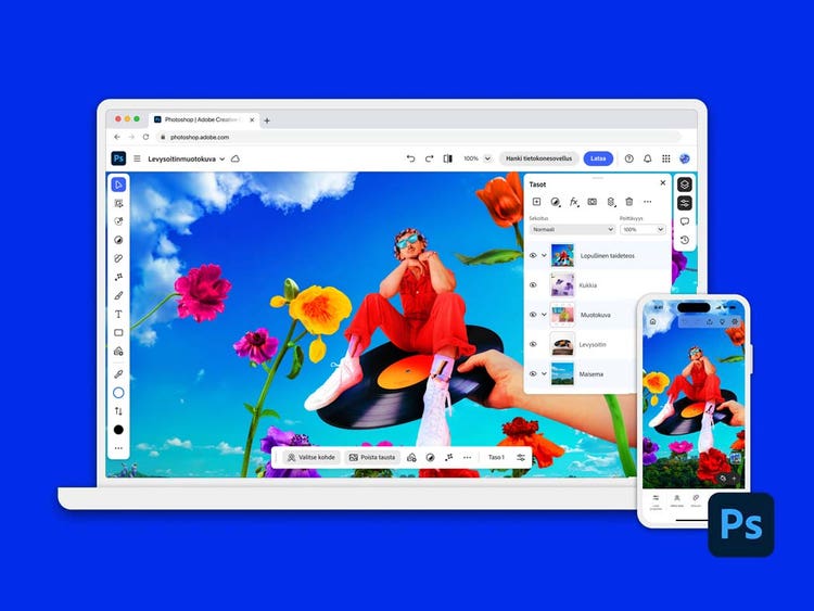 Kannettava ja puhelin, joissa näytetään valokuvien muokkausta generatiivisella tekoälyllä
