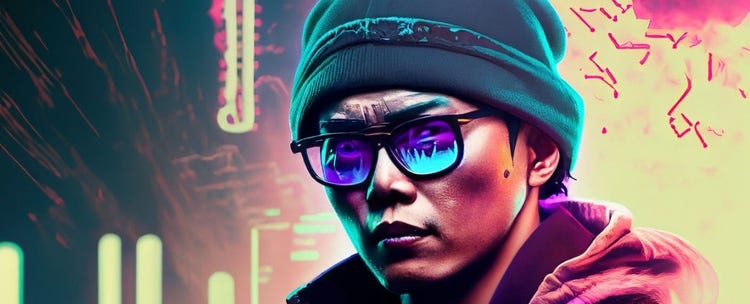 Muotokuva futuristisesta aasialaisesta miehestä pipo päässä apokalyptisessä ympäristössä, generoitu Fireflyssa ja DALL-E:ssä