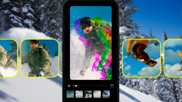 Premiere iPhonelle -sovelluksen muokkauskäyttöliittymä, jossa näkyy lumilautailumateriaalia lumista taustamaisemaa vasten.