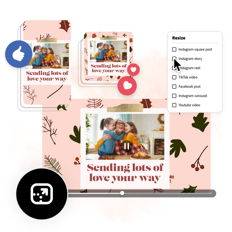 Icons, graphic elements, a video featuring the text "Sending lots of love your way", and two social media posts featuring the same video.