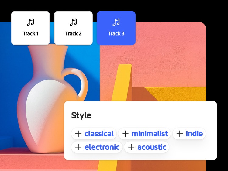 Abstrakti asetelma, jossa on keraaminen maljakko ja geometrisiä muotoja rohkeissa väreissä, päällä musiikkikäyttöliittymä sekä useita raitoja ja eri genrejä tyylin valintapaneelissa