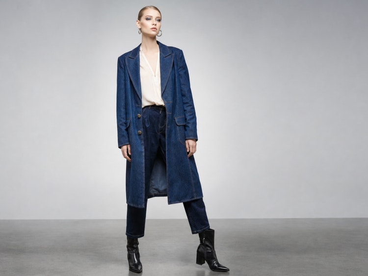 Mallilla on denimtrenssi, leveälahkeiset farkut, valkoinen pusero ja mustat korkosaappaat, taustalla harmaa studio.