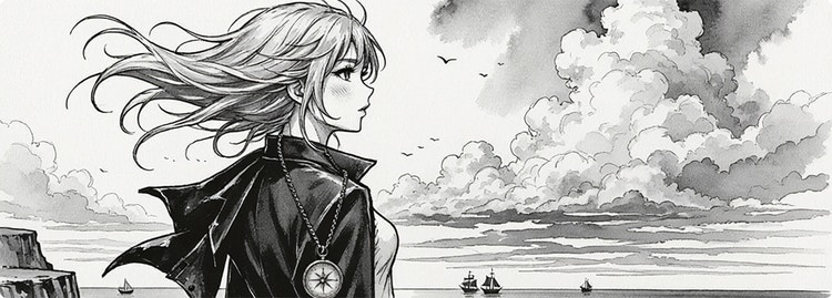 Kynä- ja mustetyylinen animehahmo, jolla on liehuvat hiukset ja kompassikaulakoru, katsomassa taustalla olevalle dramaattiselle valtamerelle