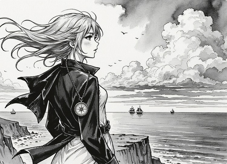 Kynä- ja mustetyylinen animehahmo, jolla on liehuvat hiukset ja kompassikaulakoru, katsomassa taustalla olevalle dramaattiselle valtamerelle