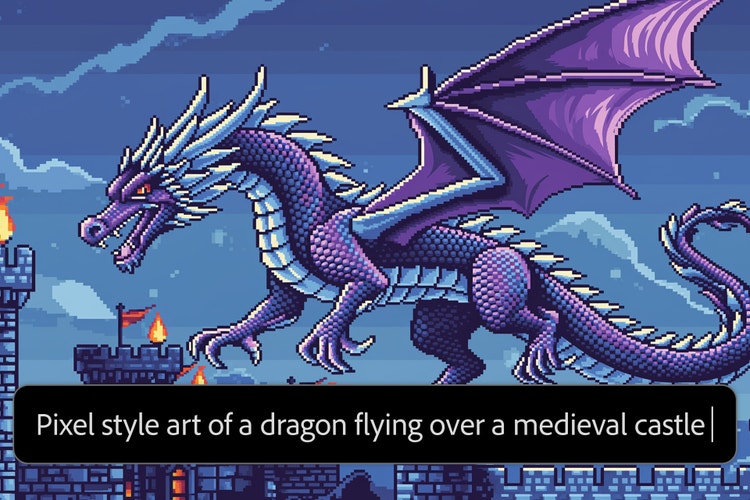 Pikselöitynyt violetti lohikäärme lentää linnan yläpuolella. Kehotteessa lukee "Pixel style art of a dragon flying over a medieval castle".