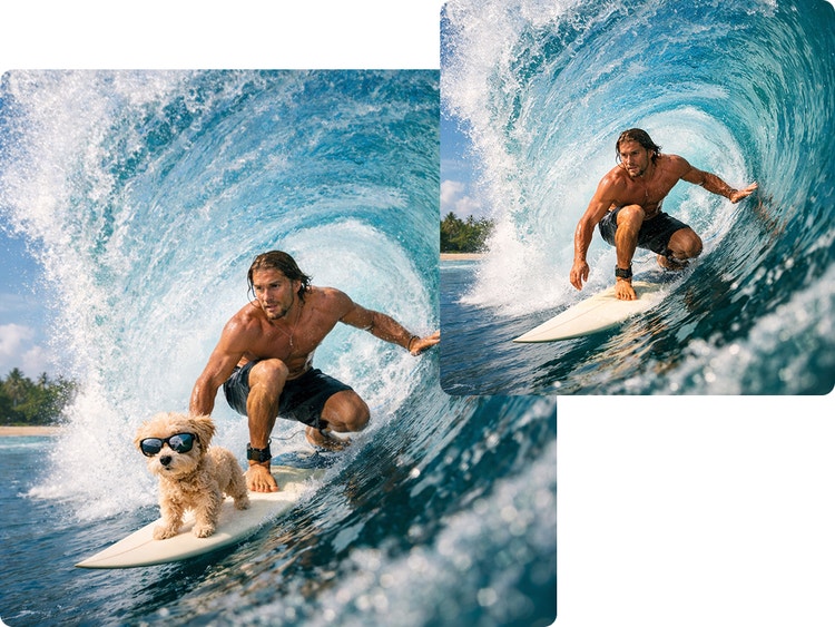 Valokuva surffaavasta miehestä, päällä GPT Imagella muokattu versio, johon on lisätty aurinkolasipäinen koira seisomassa surffauslaudalla