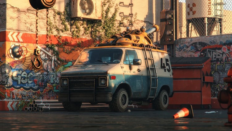 a scene with a sunlit van beside walls covered in graffiti