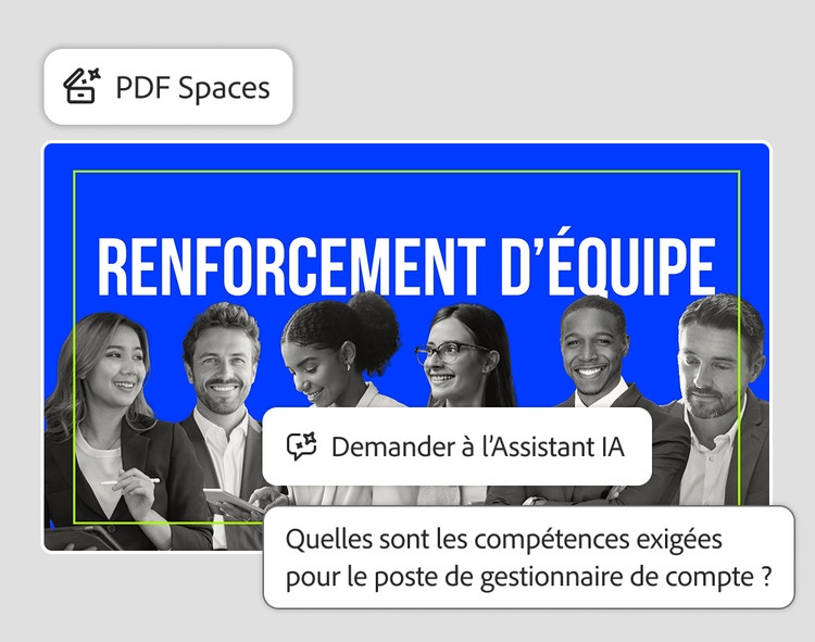 PDF Spaces avec une question posée à l'Assistant IA sur les exigences du poste d'Account Manager, au-dessus d'une diapositive « Team Building »