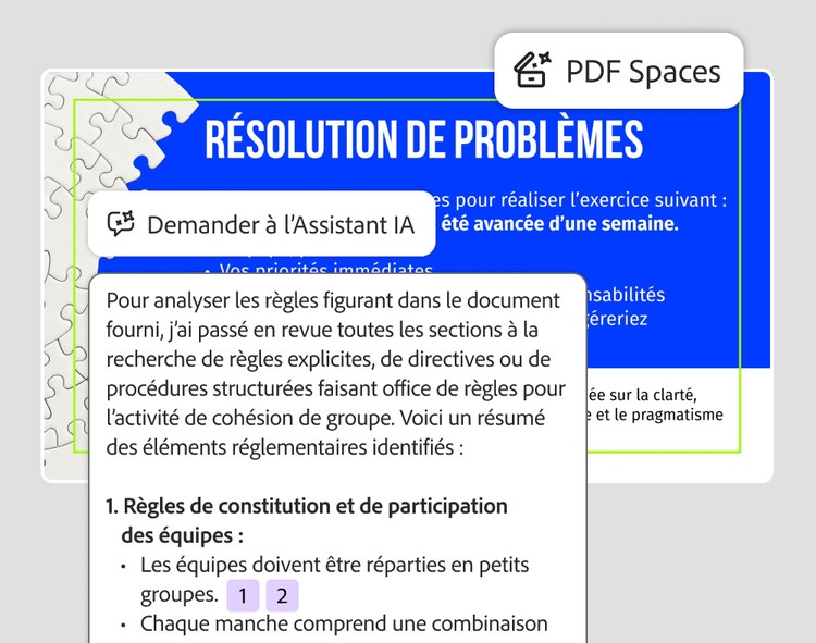 Résumé de l'Assistant IA des règles d'une diapositive « Problem Solving », avec citations de sources numérotées, dans PDF Spaces