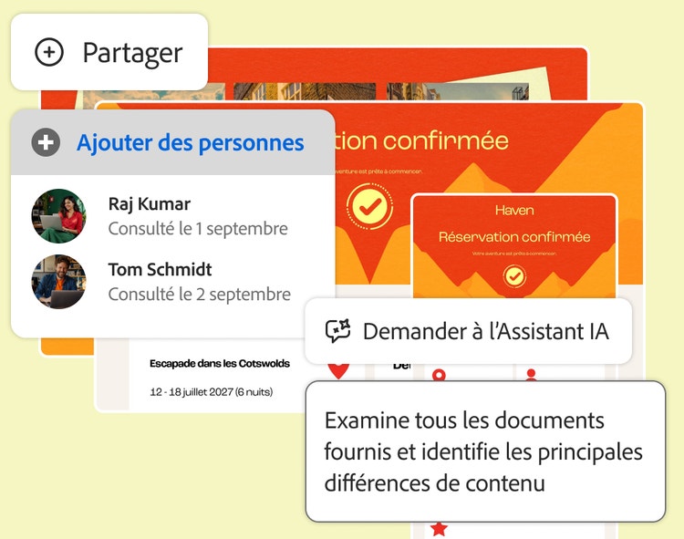 Invite à l'Assistant IA pour repérer les différences entre des documents, avec un panneau de partage, au-dessus de confirmations de réservation de voyage