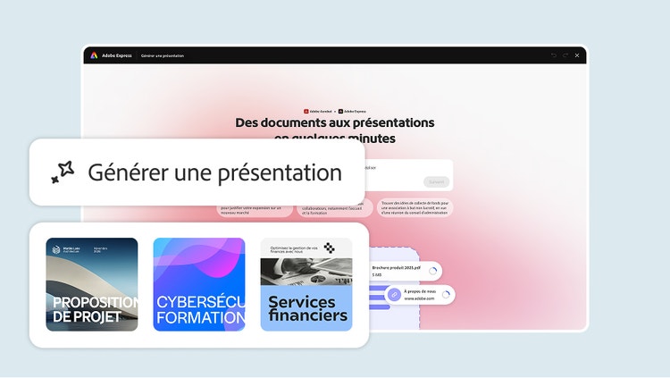 Invite Générer une présentation transformant des documents en diapositives, avec des miniatures du modèle « Financial Services » et d'autres modèles