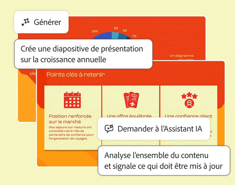 Invite Générer pour une diapositive de croissance annuelle et invite à l'Assistant IA pour signaler les contenus à mettre à jour, au-dessus d'une diapositive « Key takeaways »