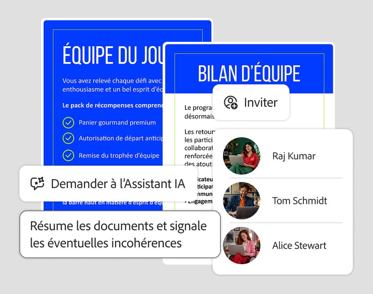 Panneau d'invitation listant des collègues, à côté de documents de récompenses et d'évaluations d'équipe, avec une invite à l'Assistant IA pour signaler les incohérences
