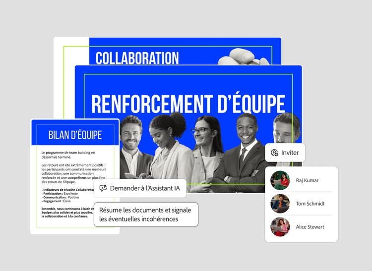 Invite à l'Assistant IA pour résumer des documents et signaler les incohérences, au-dessus de diapositives de team building et d'un panneau Inviter des collègues