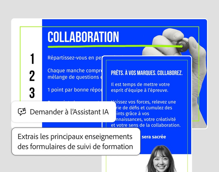 Invite à l'Assistant IA pour extraire les principaux enseignements de formulaires de fin de formation, au-dessus d'une diapositive d'activité de collaboration d'équipe