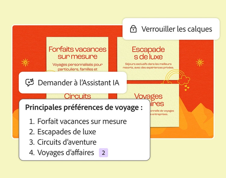 Assistant IA classant les principales préférences de voyage à partir d'une diapositive de quatre offres de voyages de loisirs et d'affaires, avec Verrouiller les calques