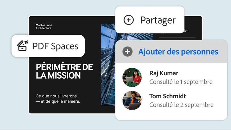 Panneau de partage de PDF Spaces indiquant que deux collègues ont consulté une présentation « Scope of Work »