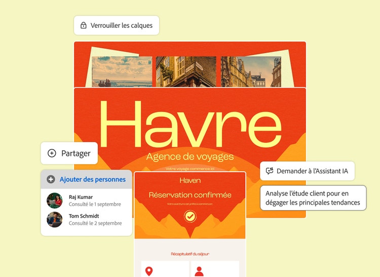 Invite à l'Assistant IA pour analyser des études clients, avec les outils Partager et Verrouiller les calques, au-dessus de diapositives d'agence de voyages