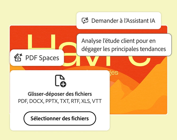 Téléversement de fichiers dans PDF Spaces et invite à l'Assistant IA pour analyser des études clients, au-dessus d'une diapositive d'agence de voyages