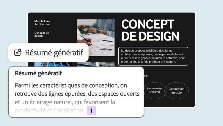 Résumé génératif condensant en une seule phrase une diapositive d'architecture « Design Concept »