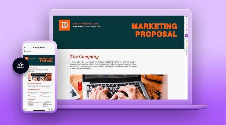 A graphic of a marketing proposal on a mobile phone next to one on a laptop