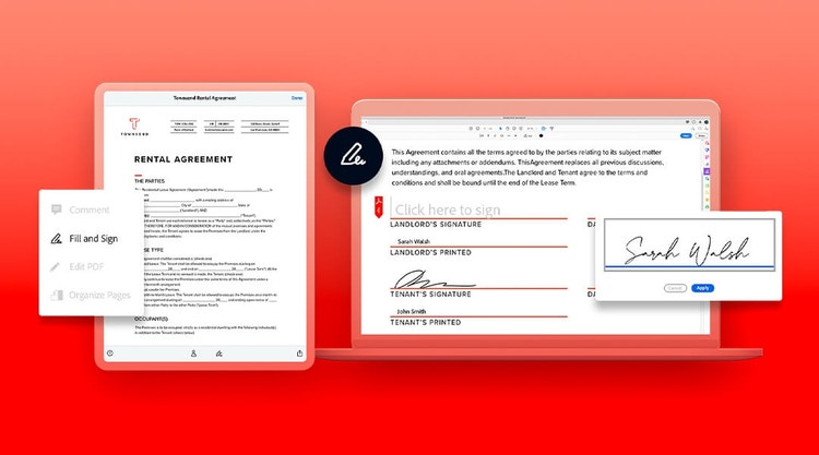 A graphic of signing a house rental agreement on a tablet device and laptop using Adobe Sign