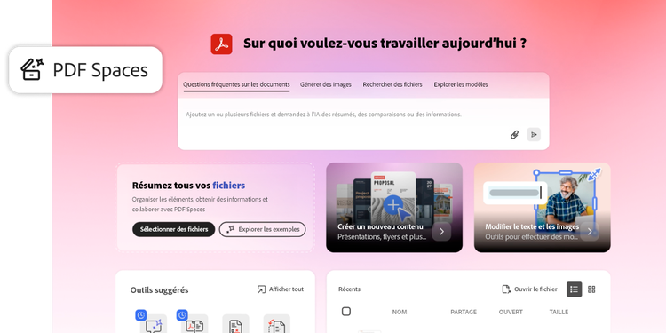Image d’Acrobat PDF Spaces montrant un espace de travail sur fond pastel, avec des documents, des graphiques et le libellé « Créez le vôtre »