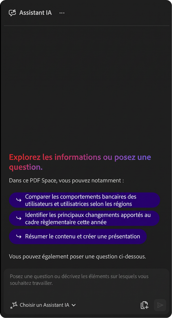 Assistant&nbsp;IA d’Acrobat dans un PDF&nbsp;Space, affichant des suggestions de prompts et une fenêtre de chat pour poser des questions sur les fichiers