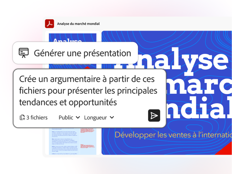 https://main--da-dc--adobecom.aem.page/dc-shared/fragments/modals/videos/acrobat/generative-ai-pdf/generate-a-presentation#generate-presentations | Interface affichant « Générer une présentation » à partir de fichiers, conversion de trois documents en diaporama pour analyser le marché mondial | :play: