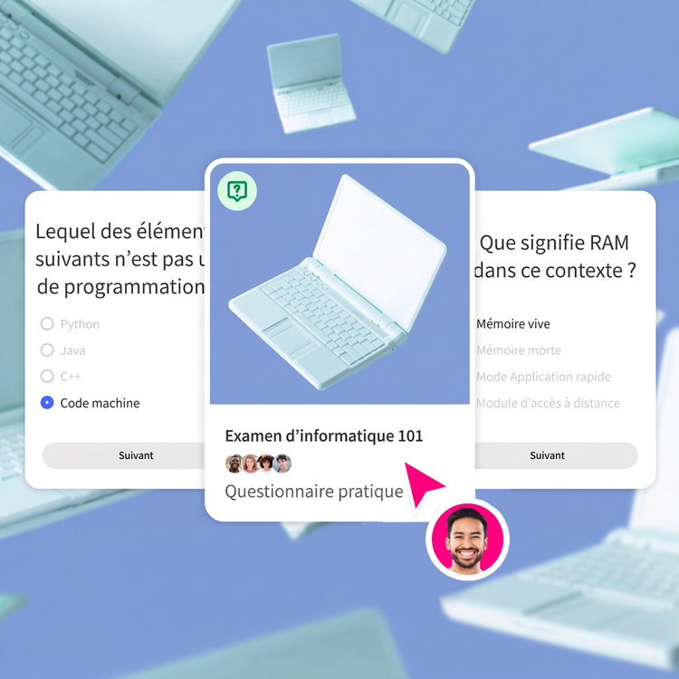 Une illustration d’ordinateur portable sur fond bleu figure en couverture d’un questionnaire pratique. Des fiches de questions sur le sujet apparaissent à sa gauche et à sa droite.