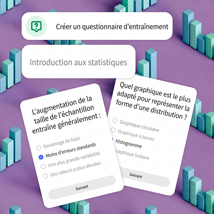 Un prompt demande la création d’un questionnaire pratique sur un cours d’introduction aux statistiques. Des graphiques à barres bleus dispersés sur un fond violet représentent le thème des exemples de questions affichés en haut.