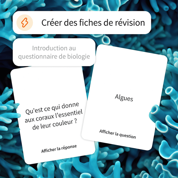 Un prompt demande la création de fiches de révision pour un examen de biologie. Un arrière-plan bleu vif représentant des coraux illustre le thème d’une fiche.