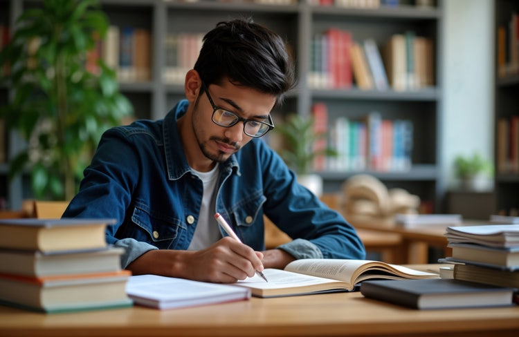 étudiant concentré dans la rédaction de son sommaire de mémoire