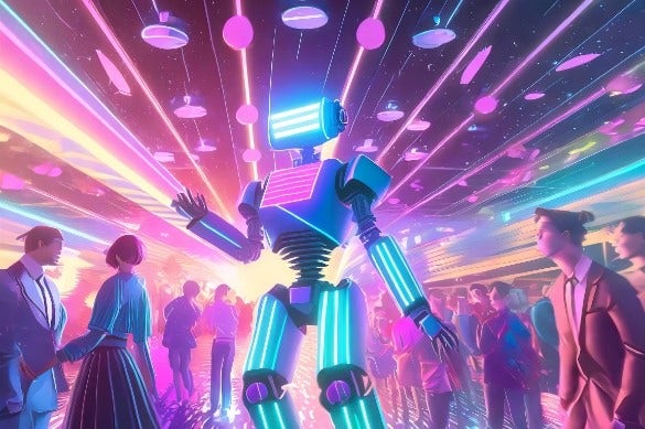 Image générée par l’IA de Firefly. Prompt&nbsp;: (à droite) «&nbsp;robot rétro dansant dans une discothèque animée, beaucoup de monde, anime psychédélique&nbsp;»