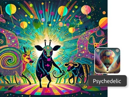 Animaux générés dans un style psychédélique par Firefly