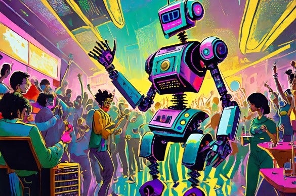 Image générée par l’IA de Firefly. Prompt&nbsp;: (à gauche) «&nbsp;robot rétro des années&nbsp;80 dansant dans une discothèque animée, beaucoup de monde, abstrait&nbsp;»