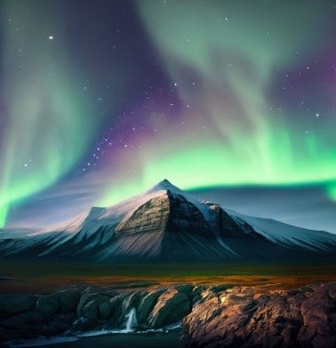 La plus haute montagne au monde, de nuit, avec des aurores boréales